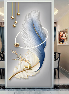 新款立体蓝色羽毛福鹿招财壁画3D玄关壁纸现代简约墙纸餐厅墙布画