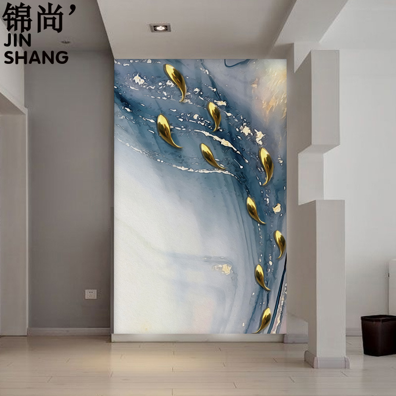 简约现代玄关油画富贵九鱼壁纸竖版过道走廊定制无缝墙布装饰壁画图片