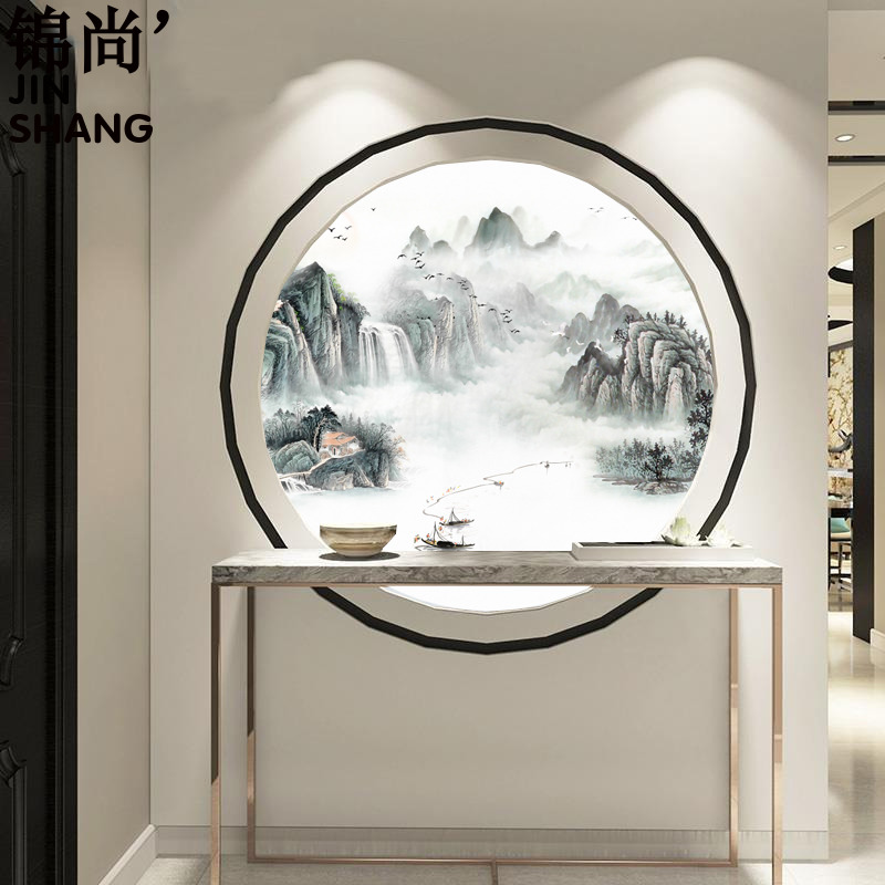 现代入户圆形玄关水墨山水帆船壁纸装饰画客厅轻奢电视背景墙壁画图片