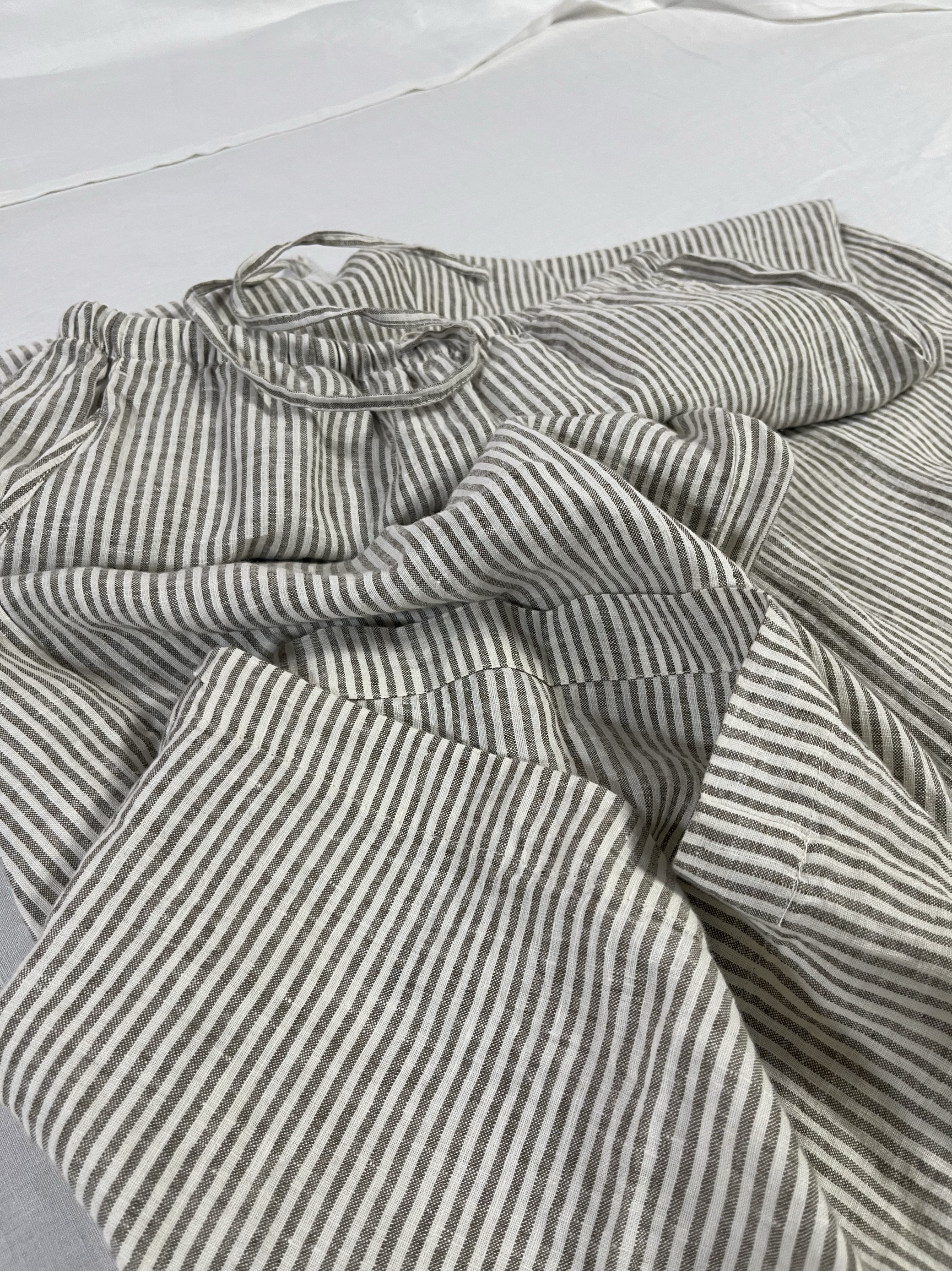 14支砂洗雨露条纹阔腿裤 加密重磅亚麻雨露细条