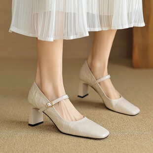 法式白色高跟鞋女夏方头春秋款面试职业通勤配旗袍裙子玛丽珍单鞋