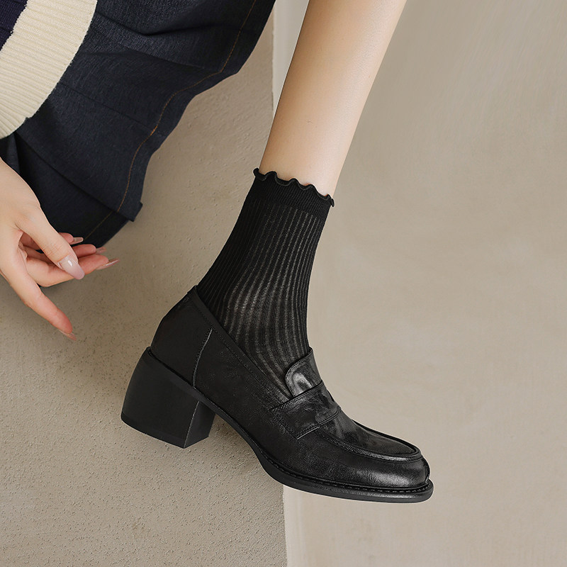 软羊皮高跟乐福鞋女复古2026春秋季新款6cm不累脚一脚蹬粗跟单鞋