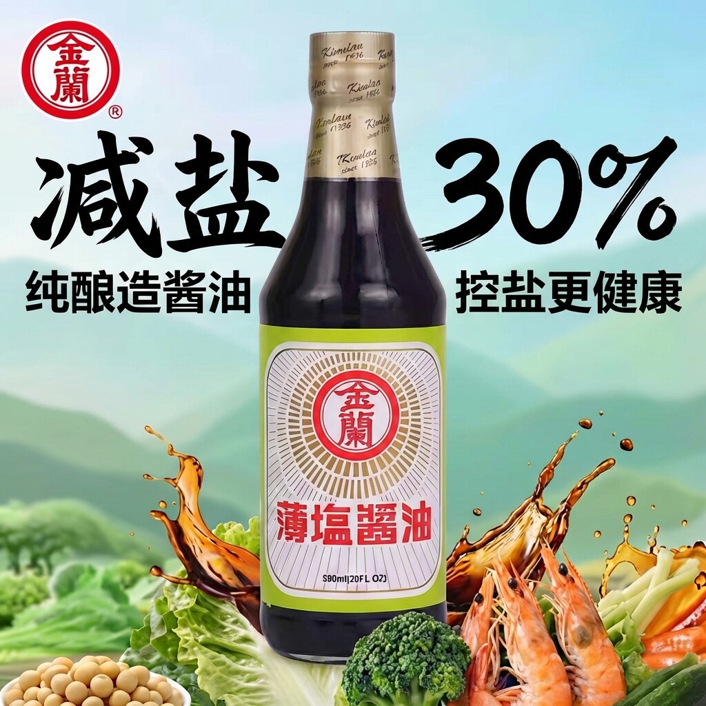台湾金兰薄盐酱油590ml纯酿造酱油减盐30%低钠健康凉拌炒菜蒸鱼