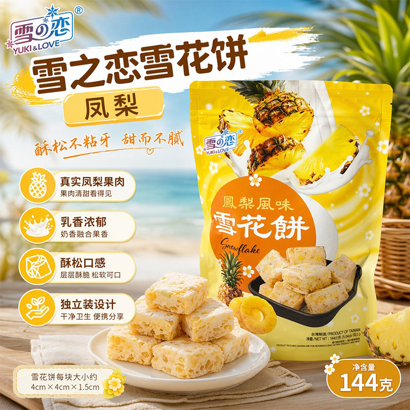 台湾雪之恋雪花酥儿童饼干糕点零食休闲小吃食品雪花饼凤梨味144g