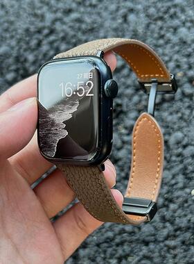 MeicoolTime全皮荔枝纹磁吸扣手表带适用ApplewatchS10苹果iwatch