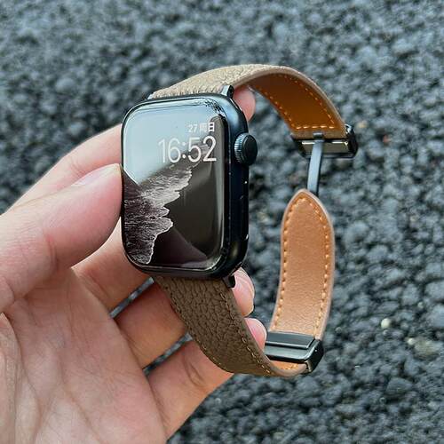 MeicoolTime全皮荔枝纹磁吸扣手表带适用ApplewatchS10苹果iwatch