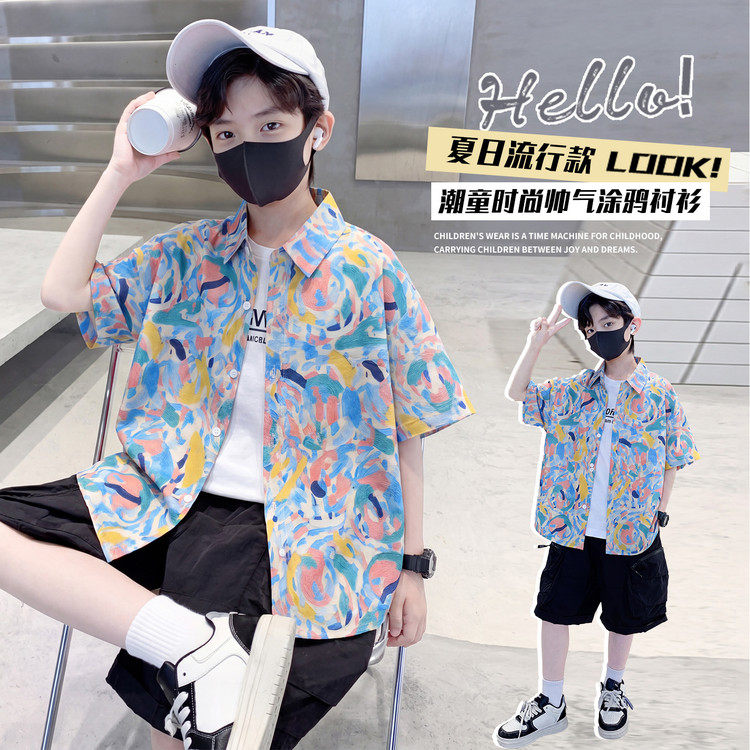 男童夏天度假风花衬衫儿童夏季短袖沙滩潮酷时髦上衣大童男孩衬衣