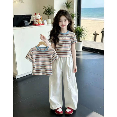女童2026新款夏装儿童条纹短袖T恤套装女孩韩系潮范夏季阔腿裤子