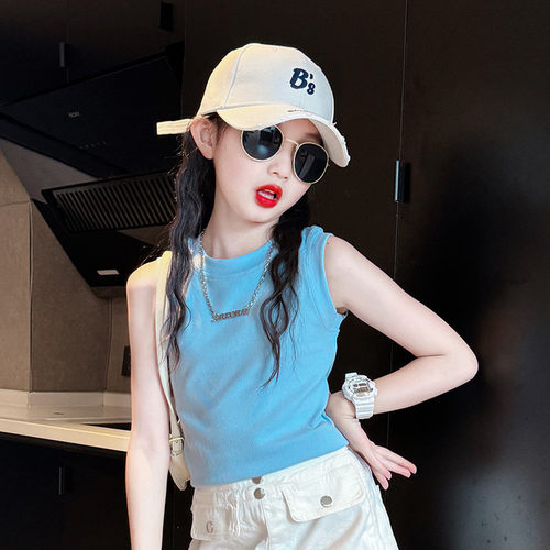 女童套装夏季2025新款洋气女大童炸街夏装蓝色背心儿童休闲两件套