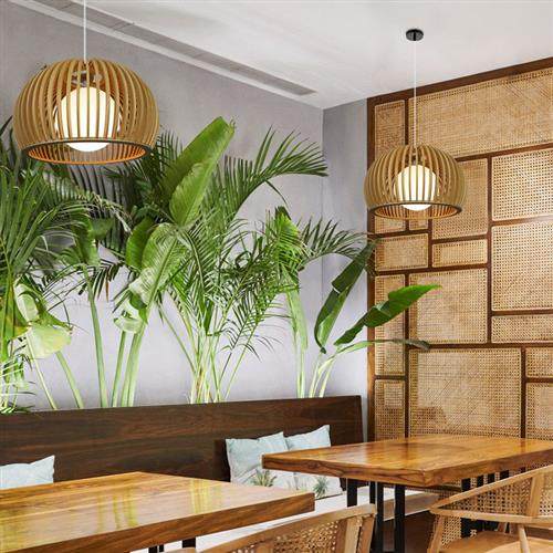 现代中式餐厅客厅实木吊灯创意鸟笼面店木艺吊灯单头木质日式灯具