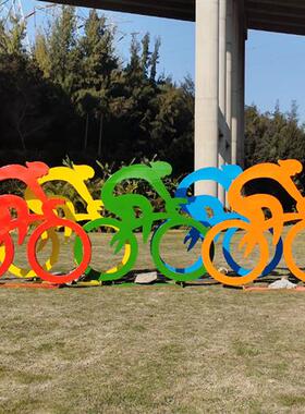 简约不锈钢人物雕塑学校体育公园公路标识自行车装饰美陈摆件定制