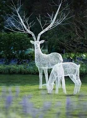 不锈钢镂空梅花鹿雕塑铁艺发光动物摆件草坪园林景观售楼处装饰品