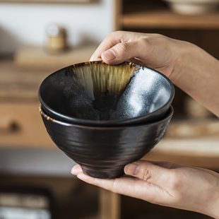 好看窑变釉碗水果盘 斗笠碗陶瓷饭碗面碗餐具盘子复古家用汤碗中式