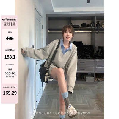 CallmeEar//【】拼接假两件卫衣女套头休闲宽松上衣秋时尚