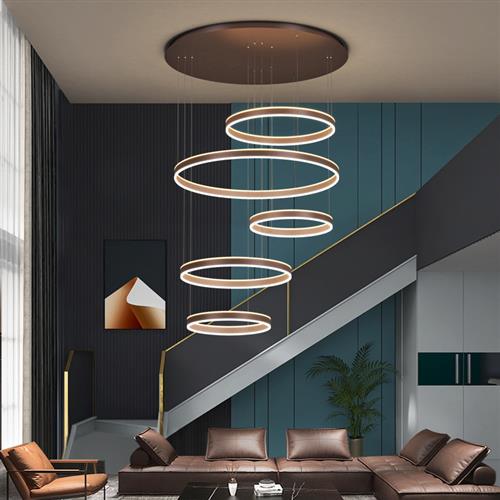 复式楼大吊灯客厅灯不锈钢轻奢别墅楼梯间酒店圆环形餐厅北欧灯具