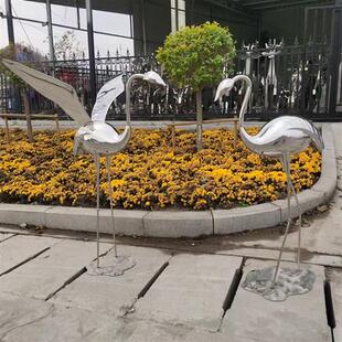 户外园林景观动物雕塑庭院小区水景装 饰不锈钢仙鹤火烈鸟雕塑摆件