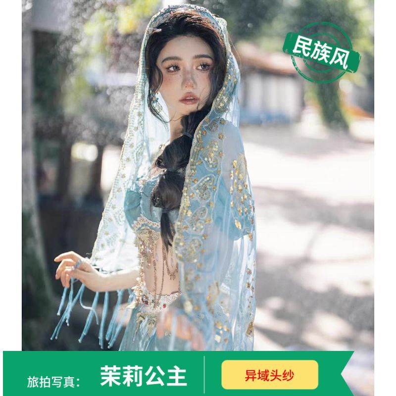 古风汉服披肩纱异域风情茉莉公主纱丽头纱网红黑色西域拍照头巾 - 实物图