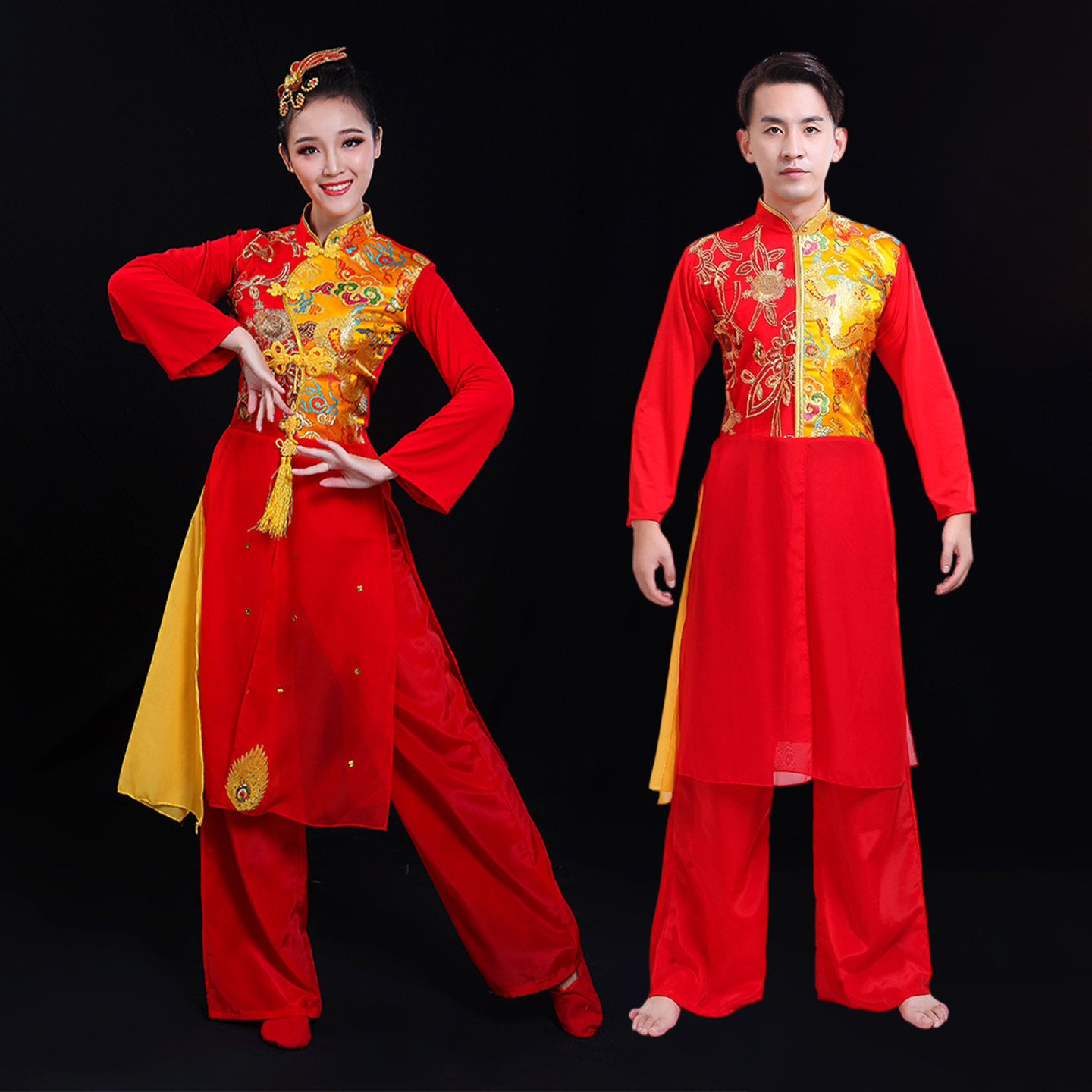 新款打鼓服演出服中国风成人腰鼓水鼓舞锣鼓队舞蹈服红色长袖喜庆