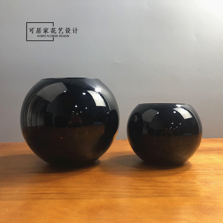 黑白色玻璃圆球形方缸水培花瓶花盆器皿  家居婚庆插花本色可放
