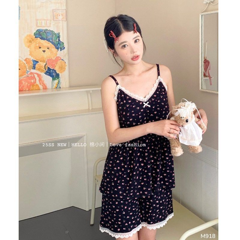 棉小闲自带bra可拆卸莫代尔碎花小清新吊带短裤家居服女清凉睡衣