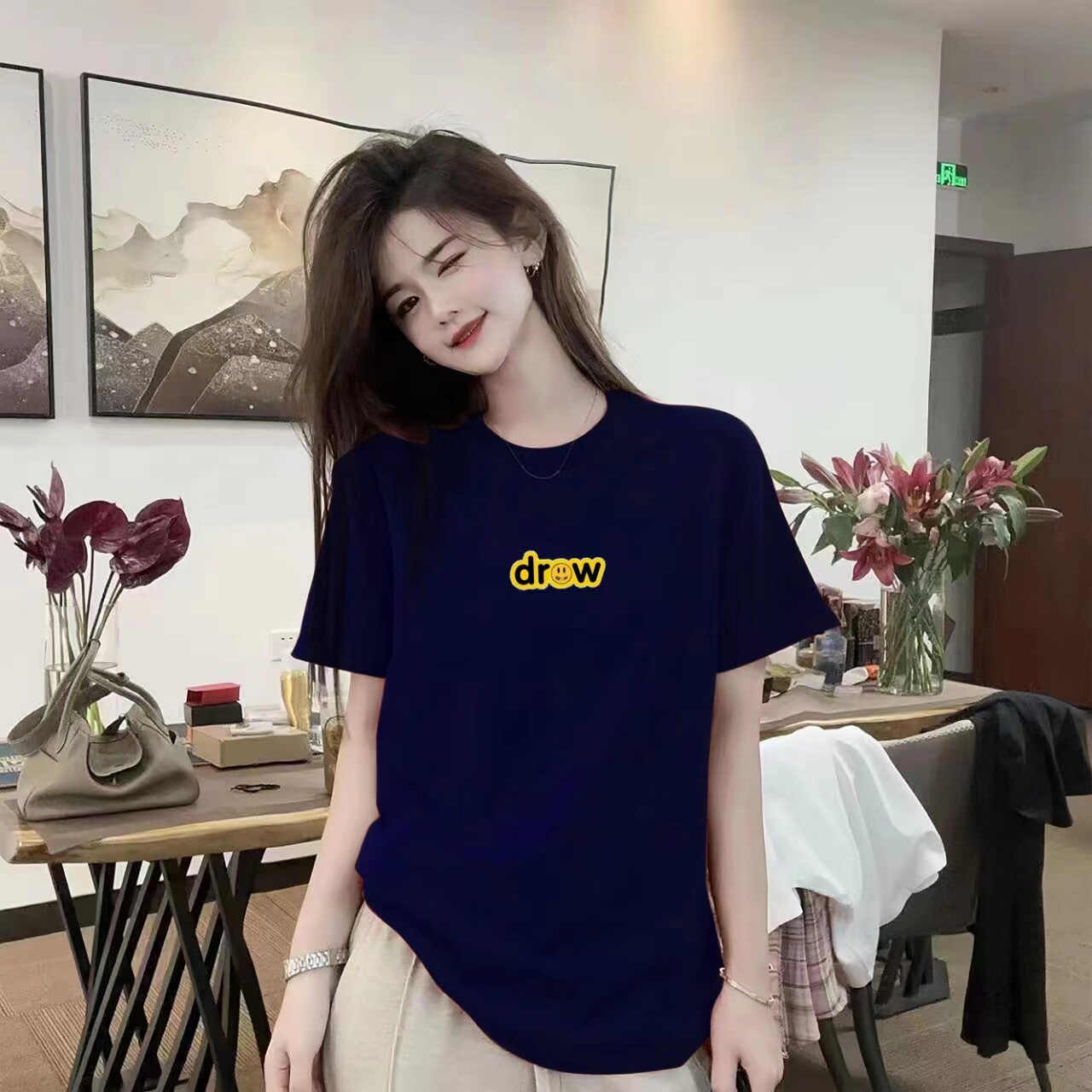 李西西【黄色笑脸】纯棉短袖t恤印花宽松休闲时尚圆领上衣女夏季