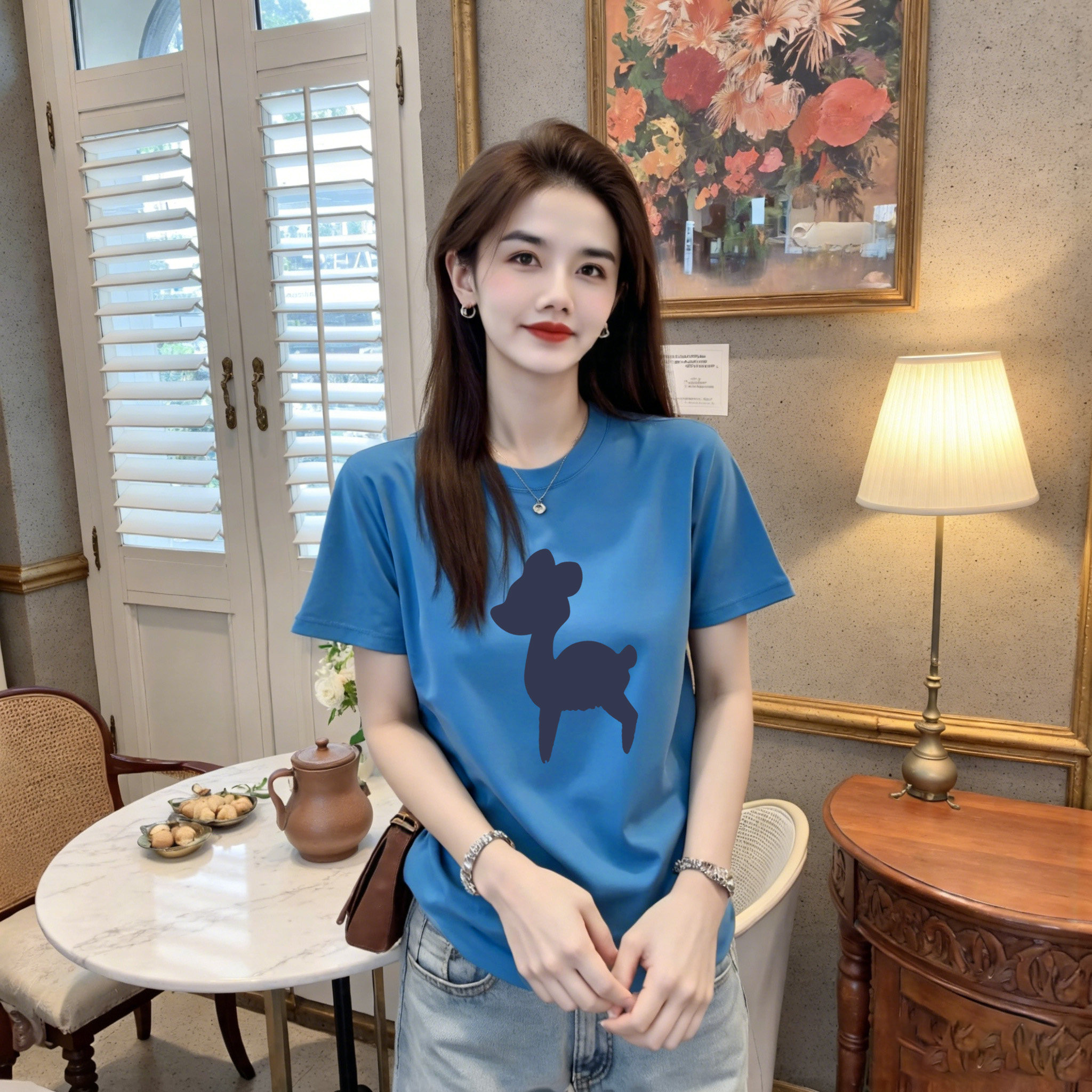 李西西【林间小鹿】纯棉正肩显瘦短袖T恤印花圆领时尚休闲上
