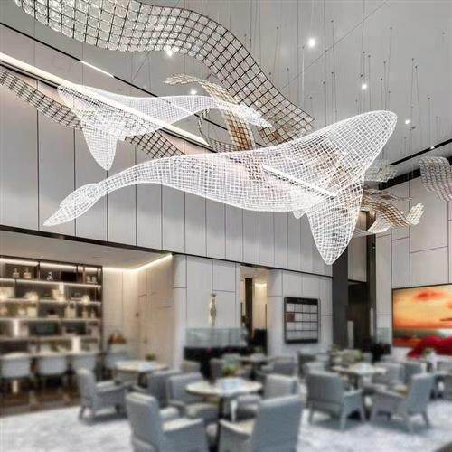 鲸鱼镂空雕塑不锈钢铁艺海洋动物摆件海豚金鱼悬挂吊装饰品定制