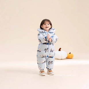 宝宝羽绒连体衣婴儿冬季加厚外出羽绒爬服男女童抱服无帽超轻超薄