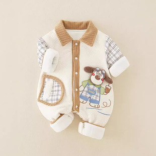 新生儿秋冬加厚连体衣棉衣男宝宝外出服加绒婴儿爬服加厚衣服超萌