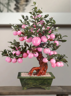 天然玉器寿桃树粉色玉雕摆件