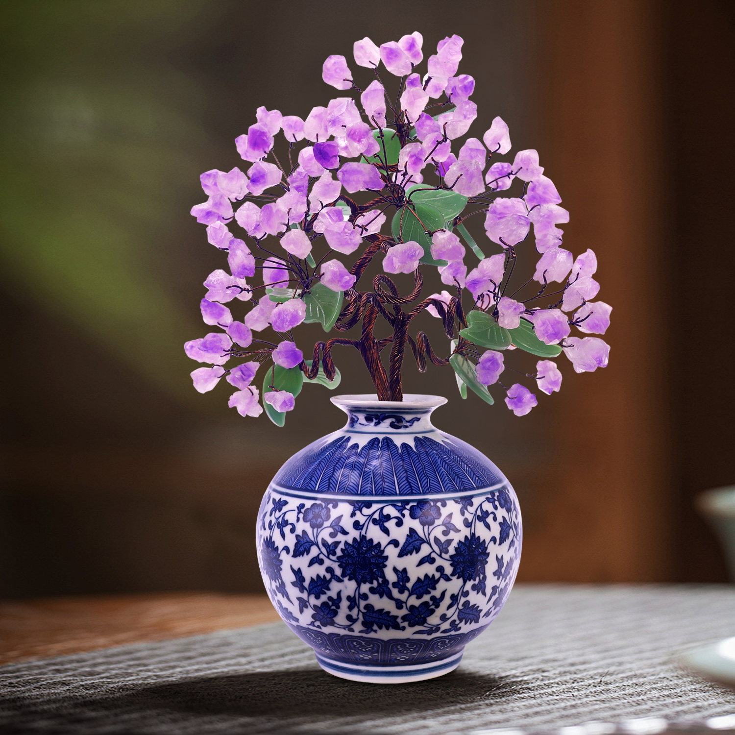天然玉器紫水晶青花瓷工艺品中国风玄关茶几酒店公寓别墅客厅摆件
