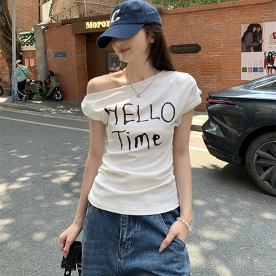 白色斜肩扭结短袖t恤女夏2025新款韩系宽松字母印花设计感上衣