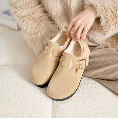 棉鞋女真皮内增高6CM厚底勃肯鞋女加绒加厚冬天雪地靴保暖毛毛鞋