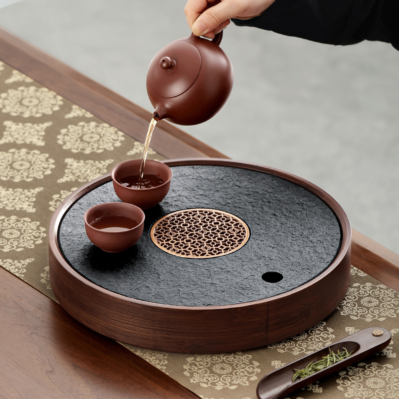 圆形乌金石茶盘家用托盘储水小型茶台茶海干泡台轻奢沥水简约茶具