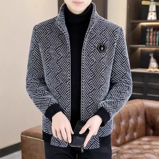 高端金貂绒外套男秋冬季修身立领毛呢大衣加绒加厚短款男士夹克帅
