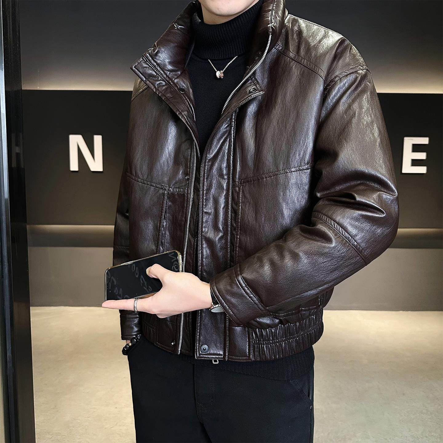 2025新款皮羽绒服男士冬季高端立领加厚潮牌时尚冬装外套保暖袄子