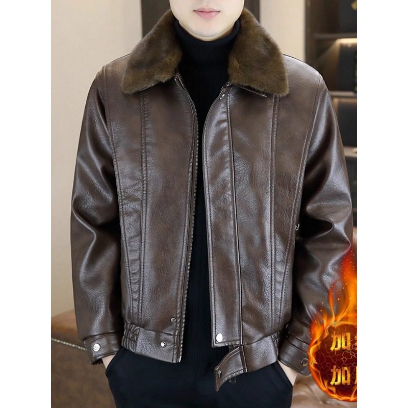 高级感男士加绒真皮皮衣男潮流冬季新款痞帅加绒加厚翻领帅气外套