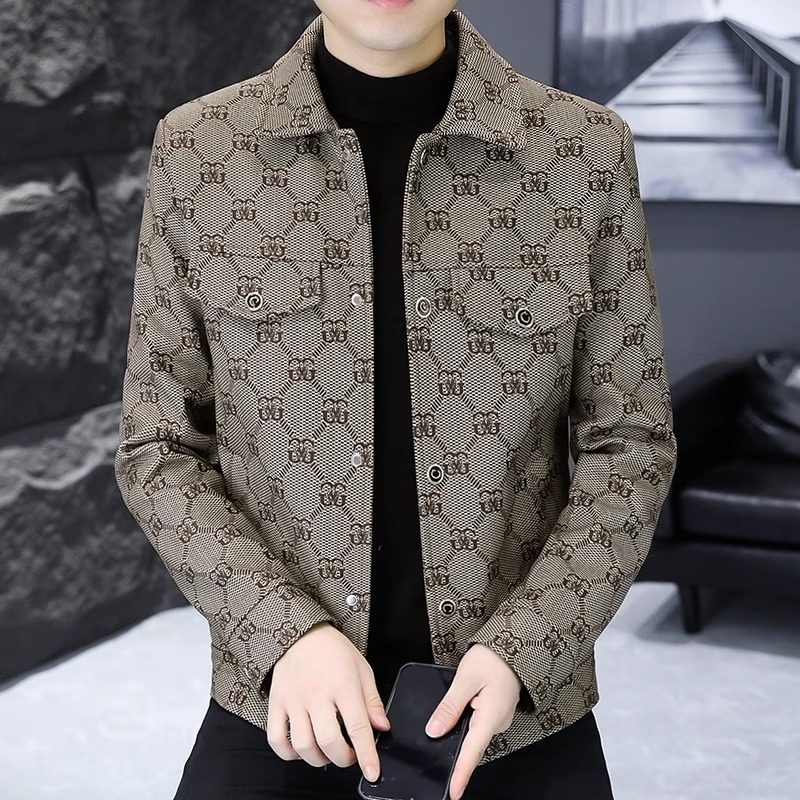 外套男春秋新款潮流印花短款修身小香风衣翻领男士薄款呢子夹克帅