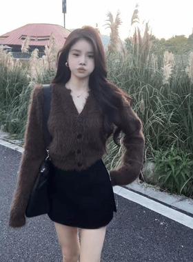 版时气ZXK-6902质V领针织开衫女韩冬新款尚加厚保暖短款毛绒绒毛