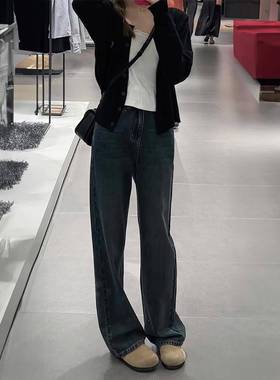 蓝灰直筒牛仔EOR裤秋季新胖妹妹mm款高腰形显瘦阔女腿长裤梨身材