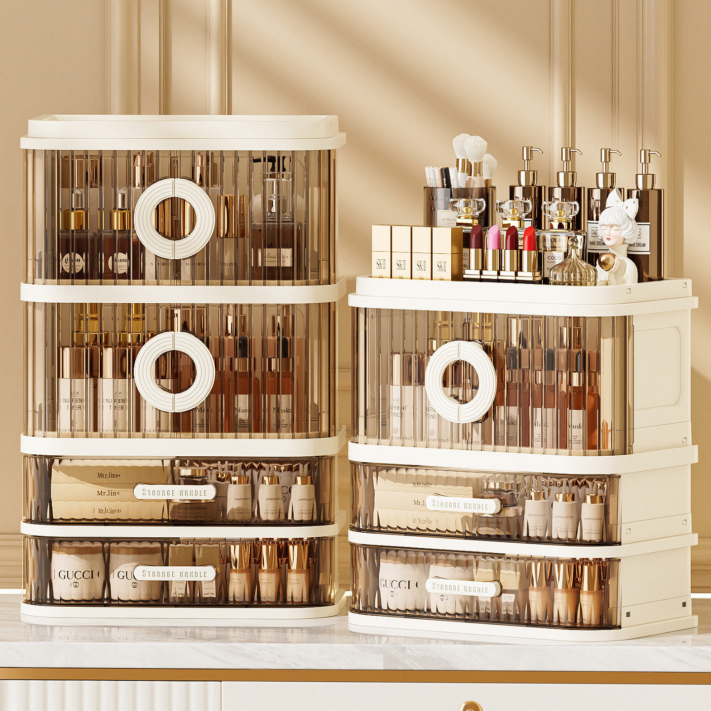 跨境专供双开门折叠化妆品收纳盒桌面防尘护肤品收纳柜抽屉式口红,收纳整理,化妆箱/盒,淘宝优惠券,粉丝福利购,淘宝优惠卷