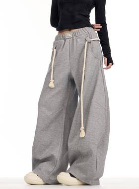 OLPPN美式复松古运动裤女灰色裤阔腿弯刀宽休闲卫裤直筒拖22098地