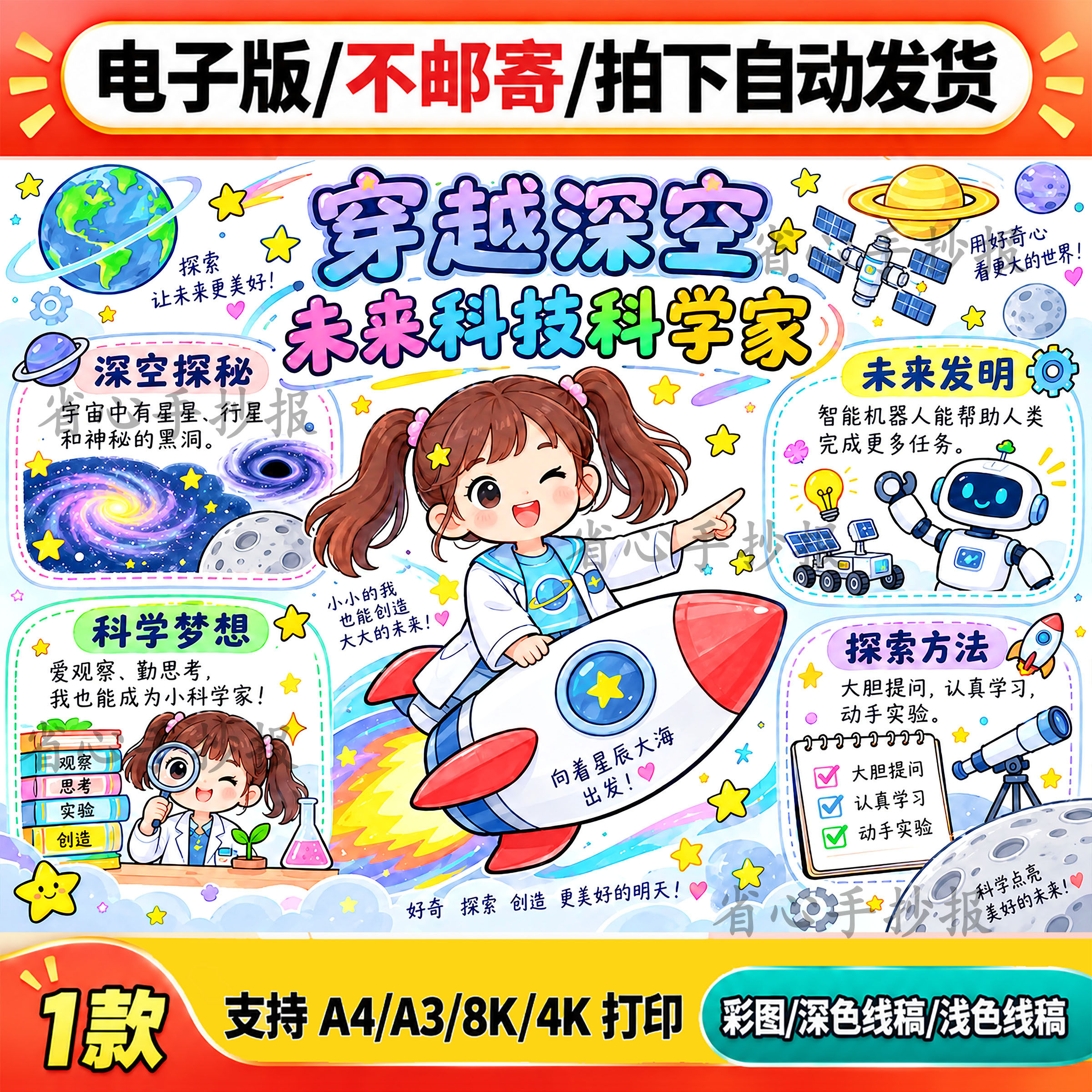 未来科技科学家手抄报模板电子版A4A3可打印卡通可爱儿童绘画