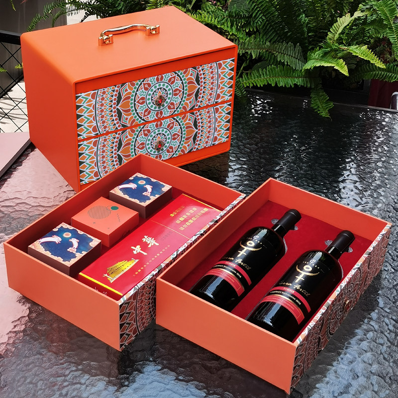 马年节日红酒食品礼盒葡萄酒加香烟包装盒高档酒店定制礼品包装盒