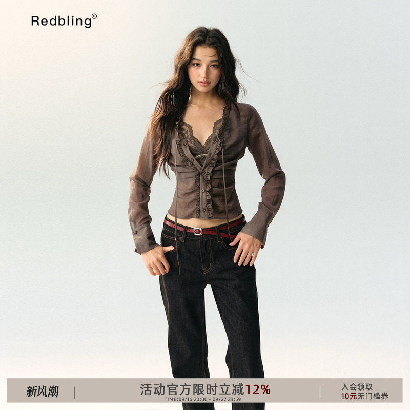 RedBling 原创设计复古修身V领衬衫门襟木耳边长袖纯欲柔美上衣女