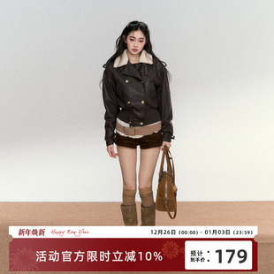 女简约休闲裤 深棕色毛呢灯芯绒短裤 子 原创设计秋冬新款 RedBling