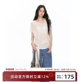 RedBling 女 T恤三色斜肩上衣打底衫 原创设计新款 网纱莱赛尔短袖