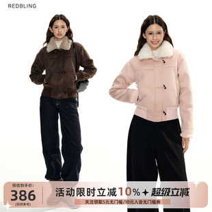 RedBling原创设计冬季新款双色短款牛角毛呢外套加厚保暖毛领夹克