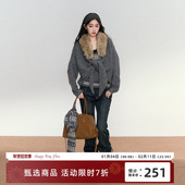 RedBling 原创设计灰色慵懒风宽松套头毛领拼接百搭针织毛衣外套