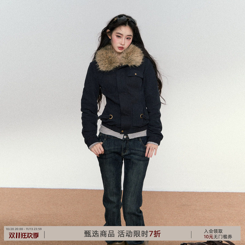 RedBling 原创设计美式复古高级感气质做旧外套修身毛领拼接夹克